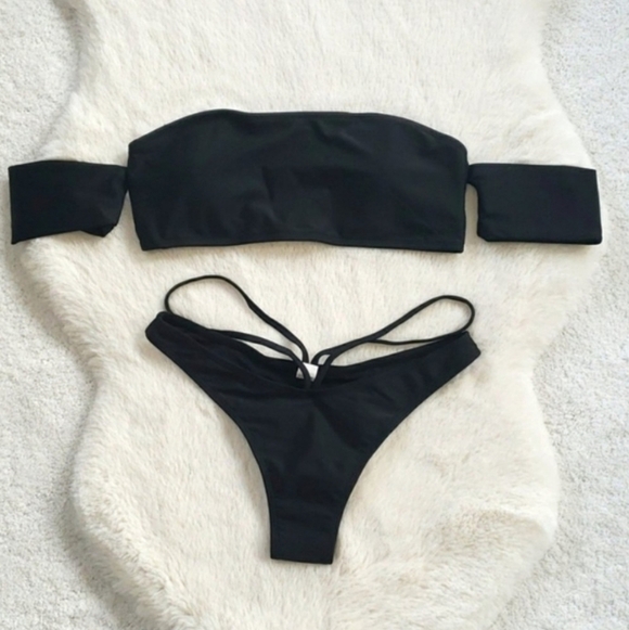 Black Bandeau Off Shoulder Strappy Ruched Back Brazilian Bikini Set Swimsuit - Picture 5 of 6